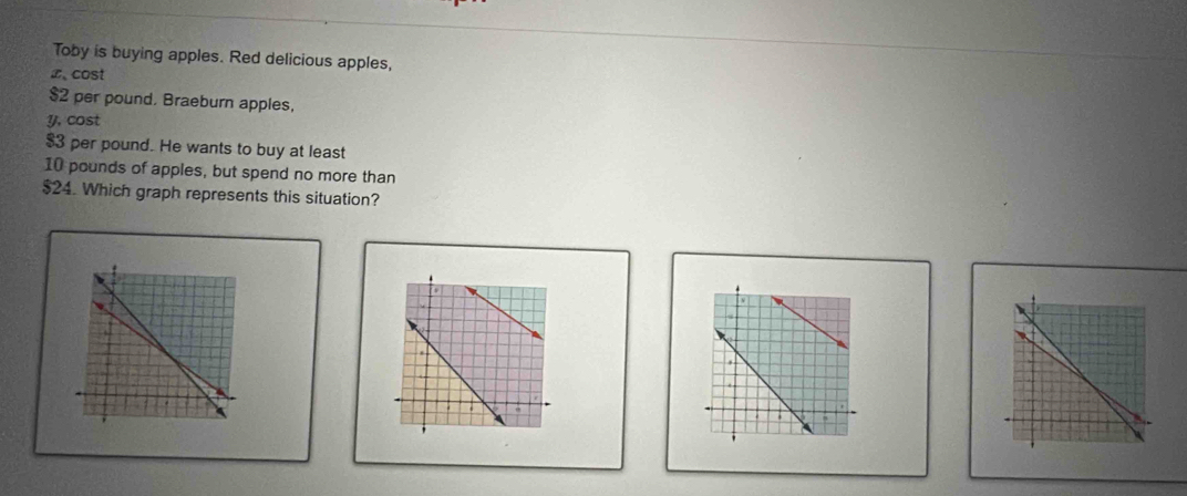 Toby is buying apples. Red delicious apples, 
L、 cost
$2 per pound. Braeburn apples, 
y, cost
$3 per pound. He wants to buy at least
10 pounds of apples, but spend no more than
$24. Which graph represents this situation?