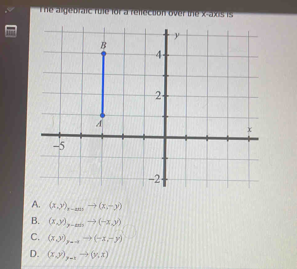 he algebraic rule for a rellection over the x-axis is
====
A. (x,y)_x-axisto (x,-y)
B. (x,y)_y-axisto (-x,y)
C. (x,y)_y--xto (-x,-y)
D. (x,y)_y-xto (y,x)