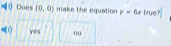 Does (0,0) make the equation y=6x true?
yes no