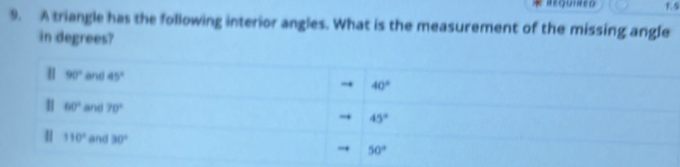 REQUIRED E5
9. A triangle has the following interior angles. What is the measurement of the missing angle
in degrees?