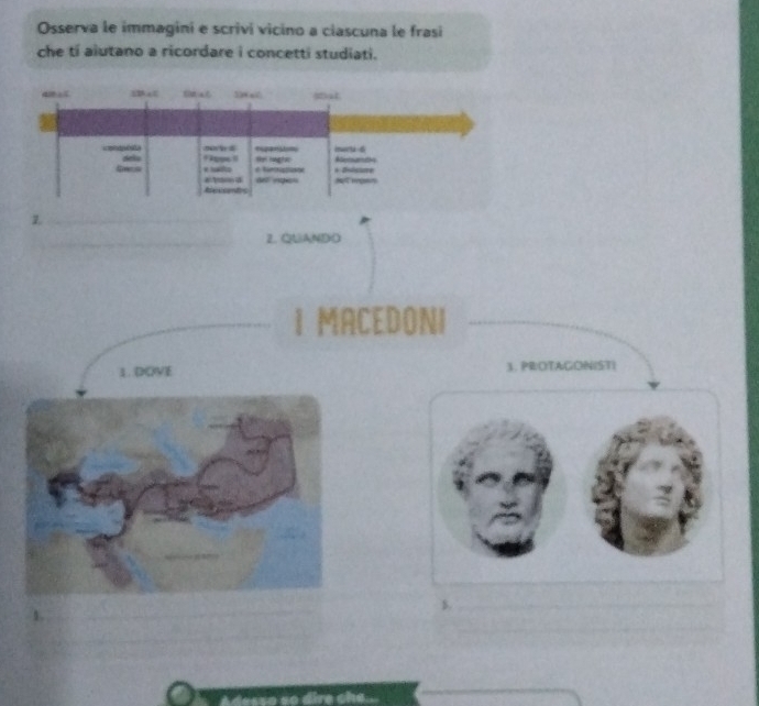 Osserva le immagini e scrivi vicino a ciascuna le frasi 
che tí aiutano a ricordare i concetti studiati. 
Z. QUANDO 
I MACEDONI 
1. DOVE 3. PROTAGONIST|