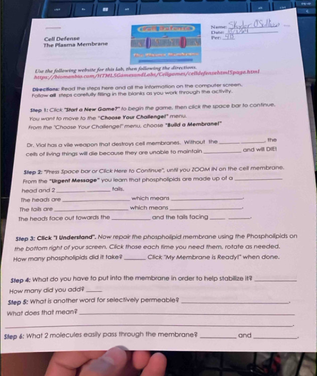 car? a 
Name:_ 
Cell Defense Date_ 
The Plasma Membrane Per:_ 
Use the following website for this lab, then following the directions. 
https://biomanbio.com/HTMLSGamesandLabs/Cellgames/celldefensehtml5page.html 
Directions: Read the steps here and all the information on the computer screen. 
Follow all steps carefully filling in the blanks as you work through the activity. 
Step 1: Click "Start a New Game?' to begin the game, then click the space bar to continue. 
You want to move to the “Choose Your Challenge!” menu. 
From the "Choose Your Chailenge!" menu, choose "Build a Membrane!" 
Dr. Via! has a vile weapon that destroys cell membranes. Without the_ _ the 
cells of living things will die because they are unable to maintain _and will DIE! 
Step 2: "Press Space bar or Click Here to Continue'', until you 200M IN on the cell membrane. 
From the "Urgent Message" you learn that phospholipids are made up of a_ 
head and 2 _ tails. 
The heads are_ which means _. 
The tails are _which means_ 
. 
The heads face out towards the _and the tails facing_ _. 
Step 3: Click "I Understand". Now repair the phospholipid membrane using the Phospholipids on 
the bottom right of your screen. Click those each time you need them, rotate as needed. 
How many phospholipids did it take? _Click "My Membrane is Ready!" when done. 
Step 4: What do you have to put into the membrane in order to help stabilize it?_ 
How many did you add?_ 
Step 5: What is another word for selectively permeable?_ 
What does that mean?_ 
_ 
. 
Step 6: What 2 molecules easily pass through the membrane? _and_