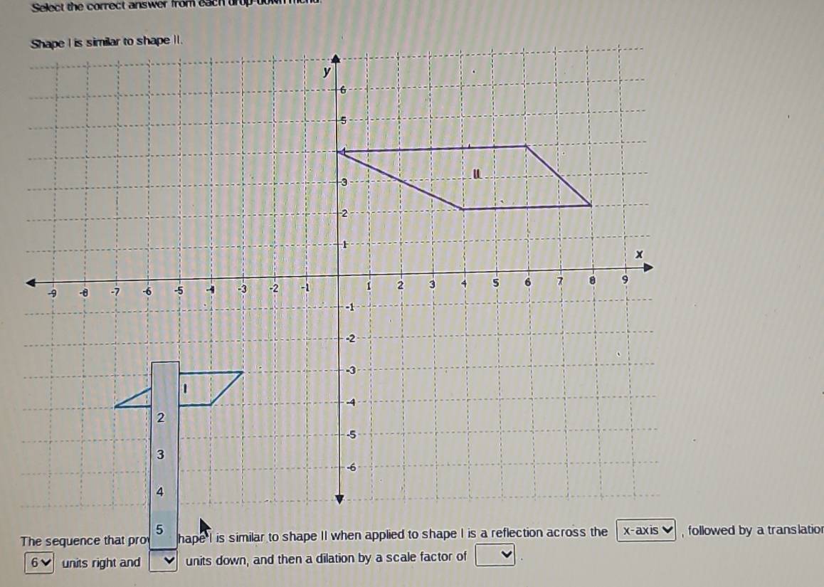 Select the correct answer from each drup ut 
The sequence that pro hape I is similar to shape II when applied to shape I is a reflection across the followed by a translatio 
units right and units down, and then a dilation by a scale factor of