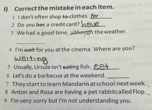 Correct the mistake in each item. 
1 I don’t often shop to-clothes. for 
2 Do you has a creditcard?_ 
3 We had a good time, although the weather. 
_ 
4 I’m wait for you at the cinema. Where are you? 
_ 
5 Usually, Ursula isn’t eating fish._ 
6 Let’s do a barbecue at the weekend._ 
7 They start to learn Mandarin at school next week._ 
8 Anton and Rosa are having a pet rabbitcalled Flop._ 
9 I'm very sorry but I'm not understanding you.