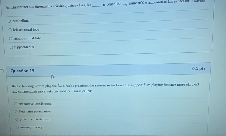 As Christopher sits through his criminal justice class, his_ is consolidating some of the information his professor is saying.
cerebellum
left temporal lobe
right occipital lobe
hippocampus
Question 19 0.5 pts
Bret is learning how to play the flute. As he practices, the neurons in his brain that support flute playing become more efficient
and communicate more with one another. This is called:
retroactive interference
long-term potentiation
proactive interference
memory tracing
