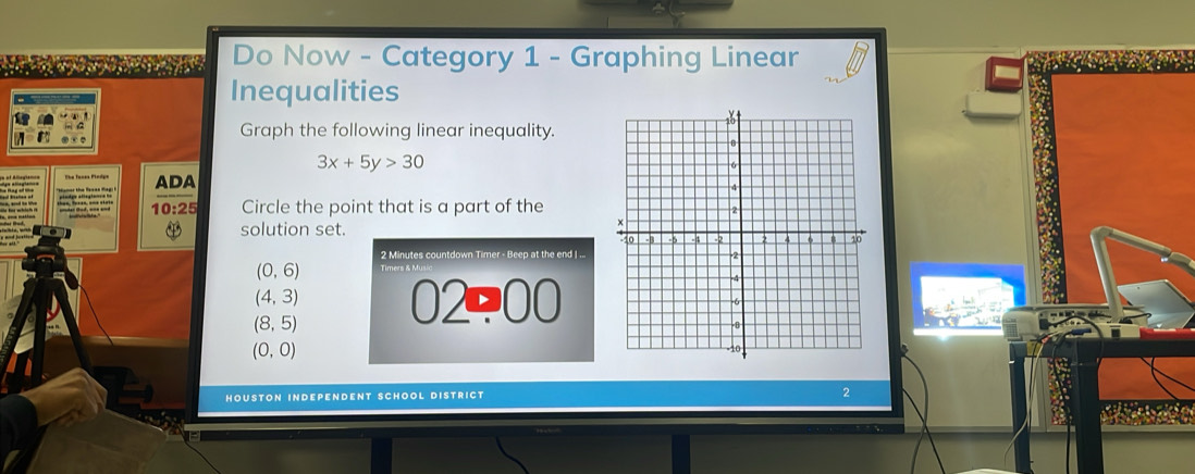 Do Now - Category 1 - Graphing Linear
Inequalities
Graph the following linear inequality.
3x+5y>30
Circle the point that is a part of the
solution set.
2 Minutes countdown Timer - Beep at the end| ...
(0,6)
(4,3)
(8,5) 02:00
(0,0)
houston independent school district 2