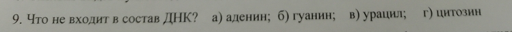 Что не вхоοдит в состав ДНΚ? а) аденин; б) гуанин; в) урацил; г) цитозин