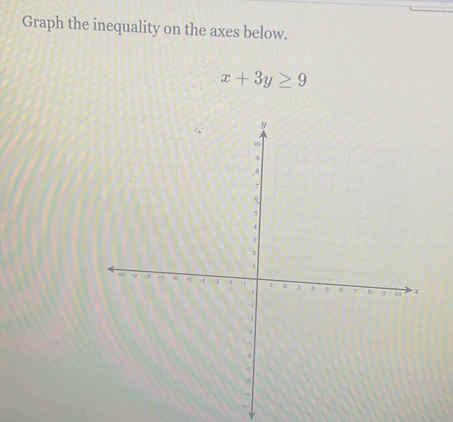 Graph the inequality on the axes below.
x+3y≥ 9
-10