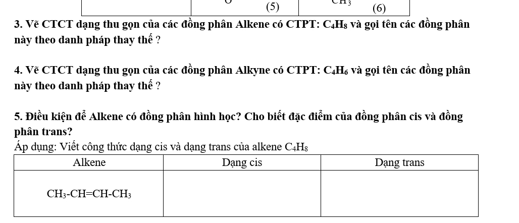 (5) CH_3 (6) 
3. Vẽ CTCT dạng thu gọn của các đồng phân Alkene có CTPT: Cạ ig : và gọi tên các đồng phân 
này theo danh pháp thay thế ? 
4. Vẽ CTCT dạng thu gọn của các đồng phân Alkyne có CTPT: C_4H_6 và gọi tên các đồng phân 
này theo danh pháp thay thế ? 
5. Điều kiện để Alkene có đồng phân hình học? Cho biết đặc điểm của đồng phân cis và đồng 
phân trans? 
Áp dụng: Viết công thức dạng cis và dạng trans của alkene C_4H_8