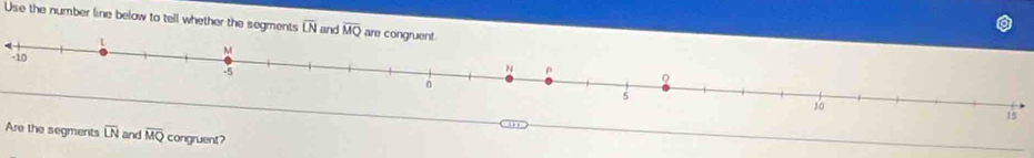 Use the number line below to tell whether the segments overline LN and overline MQ are cong
-10
13 
Are the segments overline LN and overline MQ congruent?