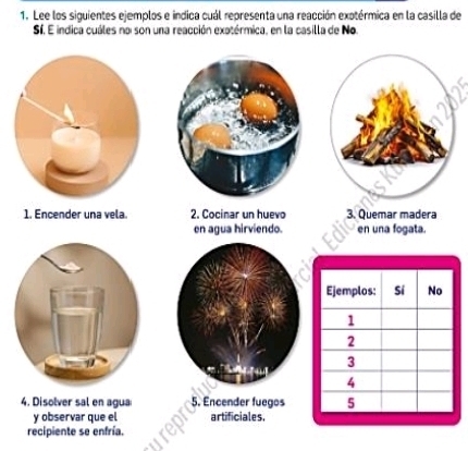 Lee los siguientes ejemplos e indica cuál representa una reacción exotérmica en la casilla de 
Sí, E indica cuáles na son una reacción exatérmica, en la casilla de No. 
1. Encender una vela 2. Cocinar un huevo 3. Quemar madera 
en agua hirviendo. en una fogata. 
4. Disolver sal en agua 5. Encender fuegos 
y observar que el artificiales. 
recipiente se enfría.