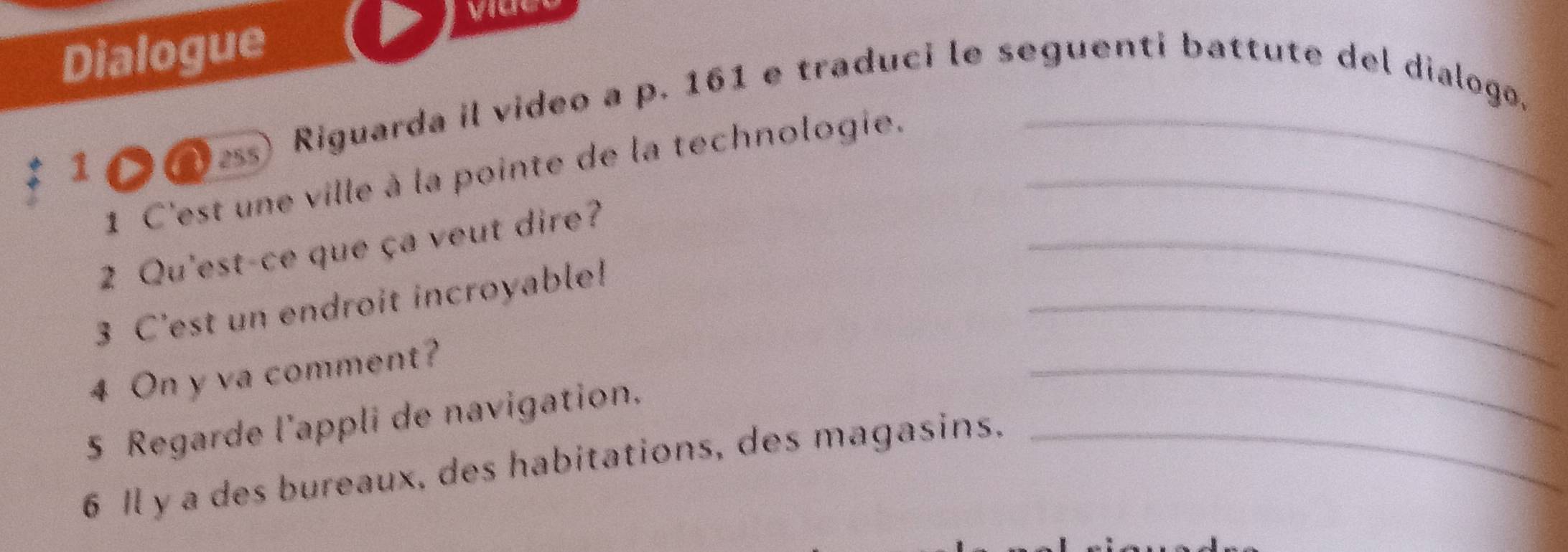 Dialogue 
1 ess Riguarda il video a p. 161 e traduci le seguenti battute del dialogo. 
1 C'est une ville à la pointe de la technologie._ 
2 Qu'est-ce que ça veut dire? 
3 C'est un endroit incroyable!_ 
_ 
4 On y va comment? 
5 Regarde l'appli de navigation. 
_ 
6 Il y a des bureaux, des habitations, des magasins,_