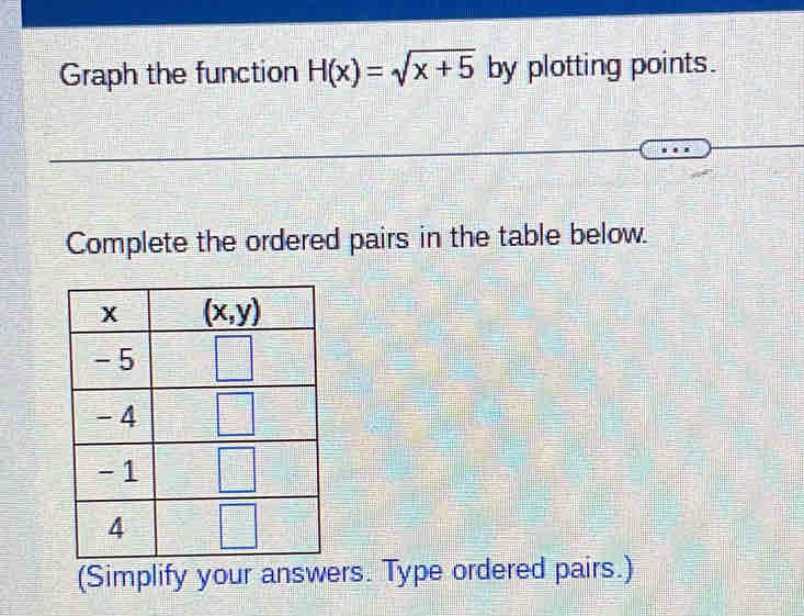 Graph the function H(x)=sqrt(x+5) by plotting points.
Complete the ordered pairs in the table below.
(Simplify your answers. Type ordered pairs.)