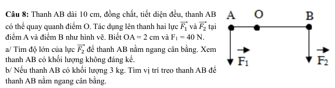 Thanh AB dài 10 cm, đồng chất, tiết diện đều, thanh AB
có thể quay quanh điểm O. Tác dụng lên thanh hai lực vector F_1 và vector F_2tai
điểm A và điểm B như hình vẽ. Biết OA=2cm và F_1=40N.
a/ Tìm độ lớn của lực vector F_2 để thanh AB nằm ngang cân bằng. Xem
thanh AB có khối lượng không đáng kể.
b/ Nếu thanh AB có khối lượng 3 kg. Tìm vị trí treo thanh AB để
thanh AB nằm ngang cân bằng.