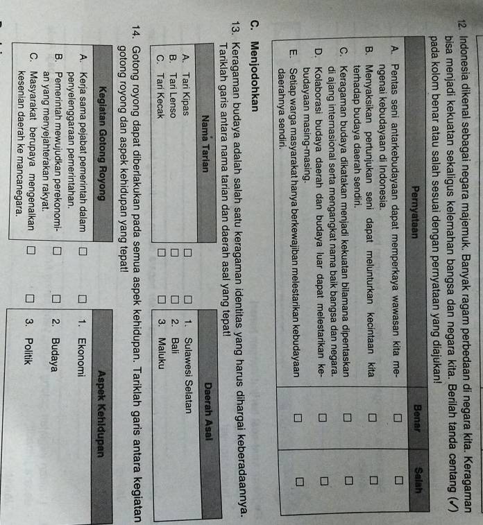 Indonesia dikenal sebagai negara majemuk. Banyak ragam perbedaan di negara kita. Keragaman
bisa menjadi kekuatan sekaligus kelemahan bangsa dan negara kita. Berilah tanda centang (√)
kolom benar atau salah sesuai dengan pernyataan yang diajukan!
C. Menjodohkan
13. Keragaman budaya adalah salah satu keragaman identitas yang harus dihargai keberadaannya.
Tariklah garis antara nama tarian dan daerah asal yang tepat!
Daerah Asal
1. Sulawesi Selatan
2. Bali
3. Maluku
14. Gotong royong dapat diberlakukan pada semua aspek kehidupan. Tariklah garis antara kegiatan
gotong royong dan aspek kehidupan yang tepat!
Kegiatan Gotong Royong Aspek Kehldupan
A. Kerja sama pejabat pemerintah dalam 1. Ekonomi
penyelenggaraan pemerintahan.
B. Pemerintah mewujudkan perekonomi- 2. Budaya
an yang menyejahterakan rakyat.
C. Masyarakat berupaya mengenalkan 3. Politik
kesenian daerah ke mancanegara.