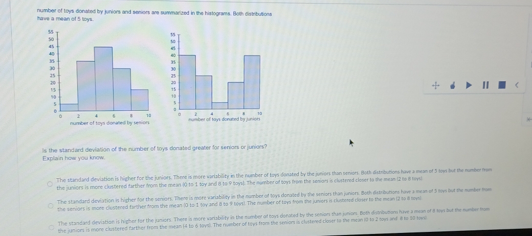 number of toys donated by juniors and seniors are summarized in the histograms. Both distributions
have a mean of 5 toys.
K
Is the standard deviation of the number of toys donated greater for seniors or juniors?
Explain how you know.
The standard deviation is higher for the juniors. There is more variability in the number of toys donated by the juniors than seniors. Both distributions have a mean of 5 toys but the number from
the juniors is more clustered farther from the mean (0 to 1 toy and 8 to 9 toys). The number of toys from the seniors is clustered closer to the mean (2 to 8 toys)
The standard deviation is higher for the seniors. There is more variability in the number of toys donated by the seniors than juniors. Both distributions have a mean of 5 toys but the number from
the seniors is more clustered farther from the mean (0 to 1 toy and 8 to 9 toys). The number of toys from the juniors is clustered closer to the mean (2 to 8 toys)
The standard deviation is higher for the juniors. There is more variability in the number of toys donated by the seniors than juniors. Both distributions have a mean of 8 toys but the number from
the juniors is more clustered farther from the mean (4 to 6 toys). The number of toys from the seniors is clustered closer to the mean (0 to 2 toys and 8 to 10 toys).