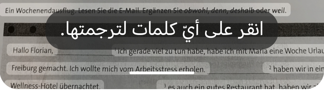 Ein Wochenendausflug. Lesen Sie die E-Mail. Ergänzen Sie obwohl, denn, deshalb oder weil. 
güazöl Clal sí c öl 
Hallo Florian,_ 'ich gerade viel zu tun habe, habe ich mit Maria eine Woche Urlau 
_ 
Freiburg gemacht. Ich wollte mich vom Arbeitsstress erholen. ² haben wir in ein 
Wellness-Hotel übernachtet. es auch ein gutes Restaurant hat haben wir