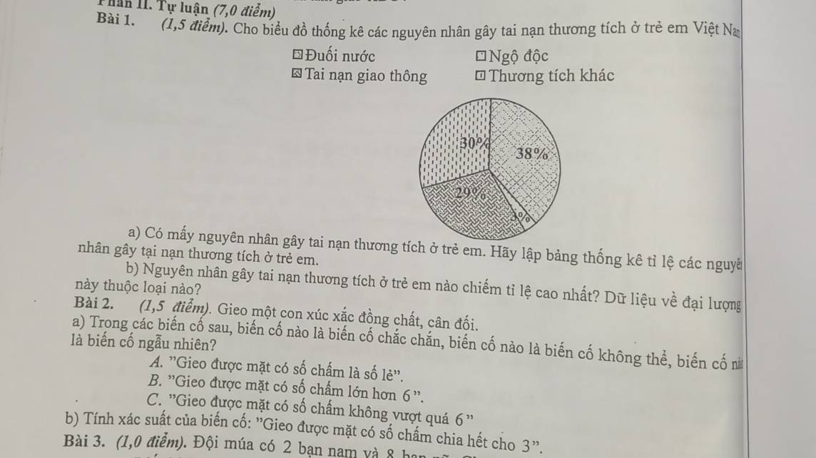 Hận II. Tự luận (7,0 điểm)
Bài 1. (1,5 điểm). Cho biểu đồ thống kê các nguyên nhân gây tai nạn thương tích ở trẻ em Việt Na
ĐĐuối nước *Ngộ độc
* Tai nạn giao thông * Thương tích khác
a) Có mấy nguyên nhân gây tai nạn thương tích ở trẻ em. Hãy lập bảng thống kê tỉ lệ các nguyê
nhân gây tại nạn thương tích ở trẻ em.
b) Nguyên nhân gây tai nạn thương tích ở trẻ em nào chiếm tỉ lệ cao nhất? Dữ liệu về đại lượng
này thuộc loại nào?
Bài 2. (1,5 điểm). Gieo một con xúc xắc đồng chất, cân đối.
a) Trong các biến cố sau, biến cố nào là biến cố chắc chắn, biến cố nào là biến cố không thể, biến cố m
là biến cố ngẫu nhiên?
A. ''Gieo được mặt có số chấm là số lẻ''.
B. ''Gieo được mặt có số chấm lớn hơn 6 ''.
C. ''Gieo được mặt có số chấm không vượt quá 6 ''
b) Tính xác suất của biến cố: ''Gieo được mặt có số chẩm chia hết cho 3 ''.
Bài 3. (1,0 điểm). Đội múa có 2 bạn nam và 8 h