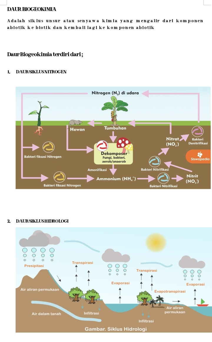 DAUR BIOGEOKIMIA
Adalah siklus unsur atau senyawa kimia yang mengalir dari komponen
abiotik ke biotik dan kembali lagi ke kom ponen abiotik 
Daur Biogeokimia terdiri dari ;
1, DAUR/SIKLUSNIIROGEN
si
Siswapedia
2, DAUR/SIKLUSHIDROLOGI