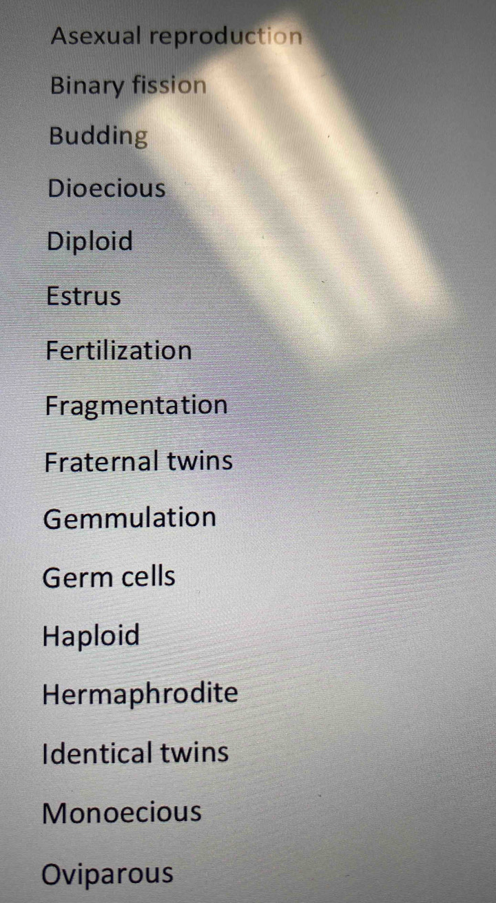 Asexual reproduction 
Binary fission 
Budding 
Dioecious 
Diploid 
Estrus 
Fertilization 
Fragmentation 
Fraternal twins 
Gemmulation 
Germ cells 
Haploid 
Hermaphrodite 
Identical twins 
Monoecious 
Oviparous