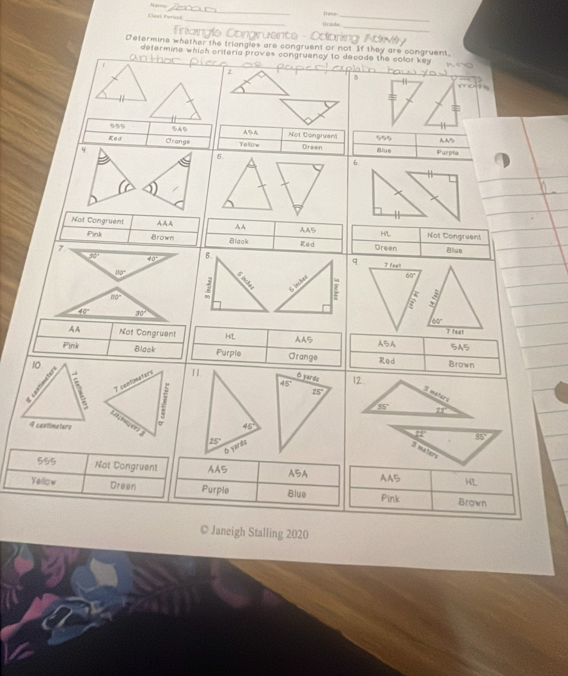 Namn
_
Date
_
Clast Period _Grade
_
ence 
Determine whether the triangles are congruent or not If they are congruent,
determine which criteria proves congruency to decode the color key .
1
2
3
955 545 Nol Congruent 555
A5A
Red Orange Yellow Green AA5
4 Blue Purpla
6
6
Not Congruent AAA AA AA5 HL Not Congruent
Pink Brown Blaok Red
Green Blue
q.
AA Not Congruent H'L ASA
AAS 5A5
Pink Blaok Purple Orange Brown
Red
11.
 
555 Not Congruent AAS ASA HL
AA5
Yellow Green Purple Blue
Pink
Brown
© Janeigh Stalling 2020