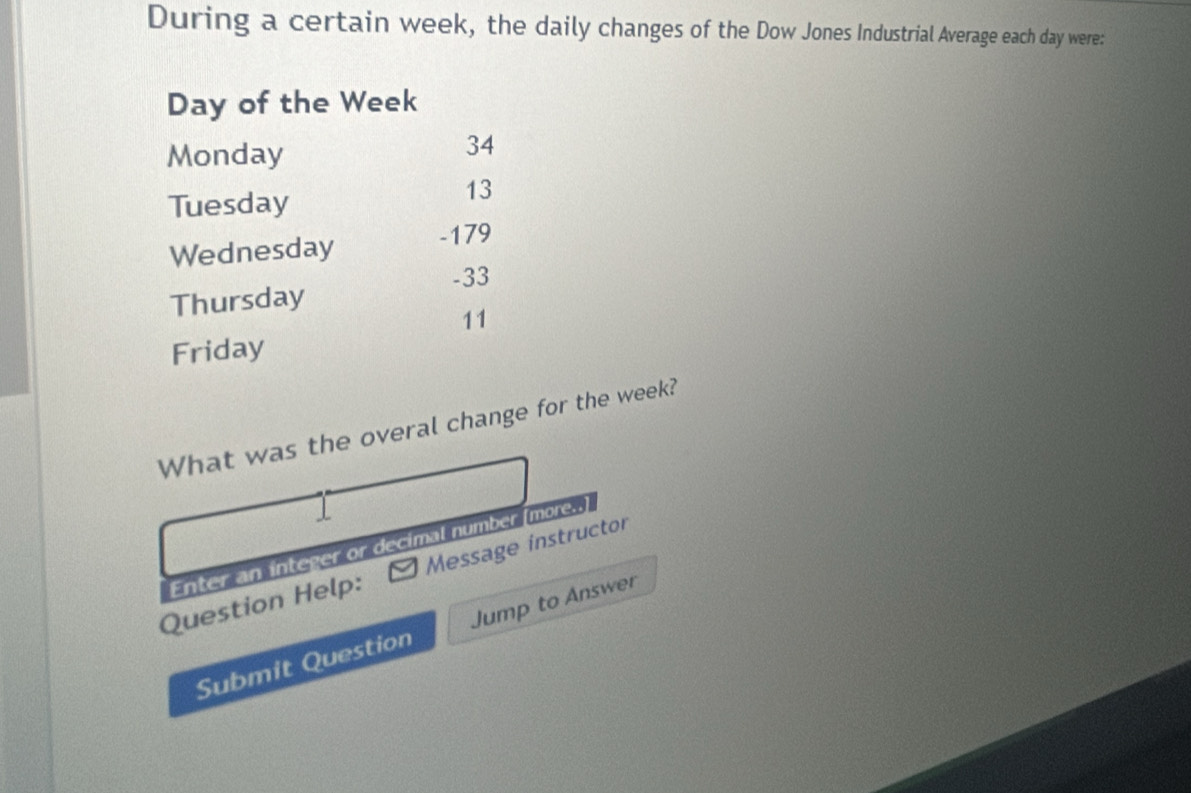 During a certain week, the daily changes of the Dow Jones Industrial Average each day were:
Day of the Week
Monday
34
Tuesday
13
Wednesday -179
-33
Thursday
11
Friday 
What was the overal change for the week? 
Enter an integer or decimal number [more..] 
Question Help: Message instructor 
Submit Question Jump to Answer