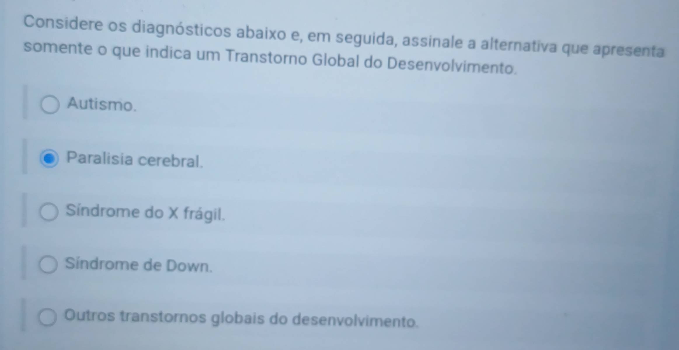 Considere os diagnósticos abaixo e, em seguida, assinale a alternativa que apresenta
somente o que indica um Transtorno Global do Desenvolvimento.
Autismo.
Paralisia cerebral.
Síndrome do X frágil.
Síndrome de Down.
Outros transtornos globais do desenvolvimento.