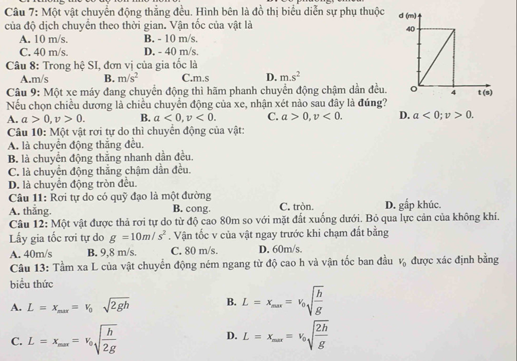 Một vật chuyển động thắng đều. Hình bên là đồ thị biểu diễn sự phụ thuộc 
của độ dịch chuyển theo thời gian. Vận tốc của vật là
A. 10 m/s. B. - 10 m/s.
C. 40 m/s. D. - 40 m/s.
Câu 8: Trong hệ SI, đơn vị của gia tốc là
A.m/s B. m/s^2 C.m.s D. m.s^2
Câu 9: Một xe máy đang chuyển động thì hãm phanh chuyển động chậm dần đều.
Nếu chọn chiều dương là chiều chuyển động của xe, nhận xét nào sau đây là đúng?
A. a>0,v>0. B. a<0,v<0. C. a>0,v<0. D. a<0;v>0.
Câu 10: Một vật rơi tự do thì chuyền động của vật:
A. là chuyển động thắng đều.
B. là chuyển động thắng nhanh dần đều.
C. là chuyển động thắng chậm dần đều.
D. là chuyển động tròn đều.
Câu 11: Rơi tự do có quỹ đạo là một đường
A. thăng. B. cong. C. tròn. D. gấp khúc.
Câu 12: Một vật được thả rơi tự do từ độ cao 80m so với mặt đất xuống dưới. Bỏ qua lực cản của không khí.
Lấy gia tốc rơi tự do g=10m/s^2. Vận tốc v của vật ngay trước khi chạm đất bằng
A. 40m/s B. 9,8 m/s. C. 80 m/s. D. 60m/s.
Câu 13: Tầm xa L của vật chuyển động ném ngang từ độ cao h và vận tốc ban đầu V_0 được xác định bằng
biểu thức
A. L=x_max=v_0sqrt(2gh) B. L=x_max=v_0sqrt(frac h)g
C. L=x_max=v_0sqrt(frac h)2g D. L=x_max=v_0sqrt(frac 2h)g