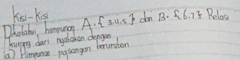 Kisi-kis
Diketahui hompunay A, 3,4,5 dan B= 6,7 Belas
Kurang dar nyabokan dengen
a) Himpunan pasangan baruruban