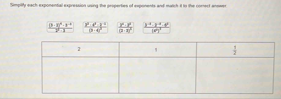 Simplify each exponential expression using the properties of exponents and match it to the correct answer.
frac (3· 2)^4· 3^(-3)2^3· 3 frac 3^2· 4^3· 2^(-1)(3· 4)^2 frac 2^4· 3^5(2· 3)^5 frac 3^(-3)· 2^(-3)· 6^3(4^0)^2