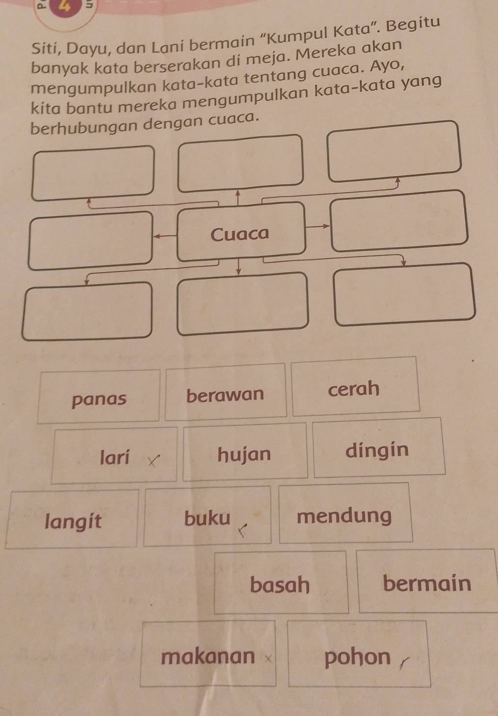 a 4 3
Siti, Dayu, dan Lani bermain “Kumpul Kata”. Begitu 
banyak kata berserakan dí meja. Mereka akan 
mengumpulkan kata-kata tentang cuaca. Ayo, 
kita bantu mereka mengumpulkan kata-kata yang 
berhubungan dengan cuaca. 
Cuaca 
panas berawan 
cerah 
lari hujan dingín 
langit buku mendung 
basah bermain 
makanan × pohon