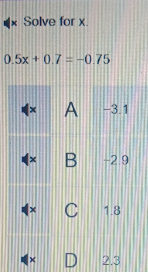 × Solve for x.
0.5x+0.7=-0.75