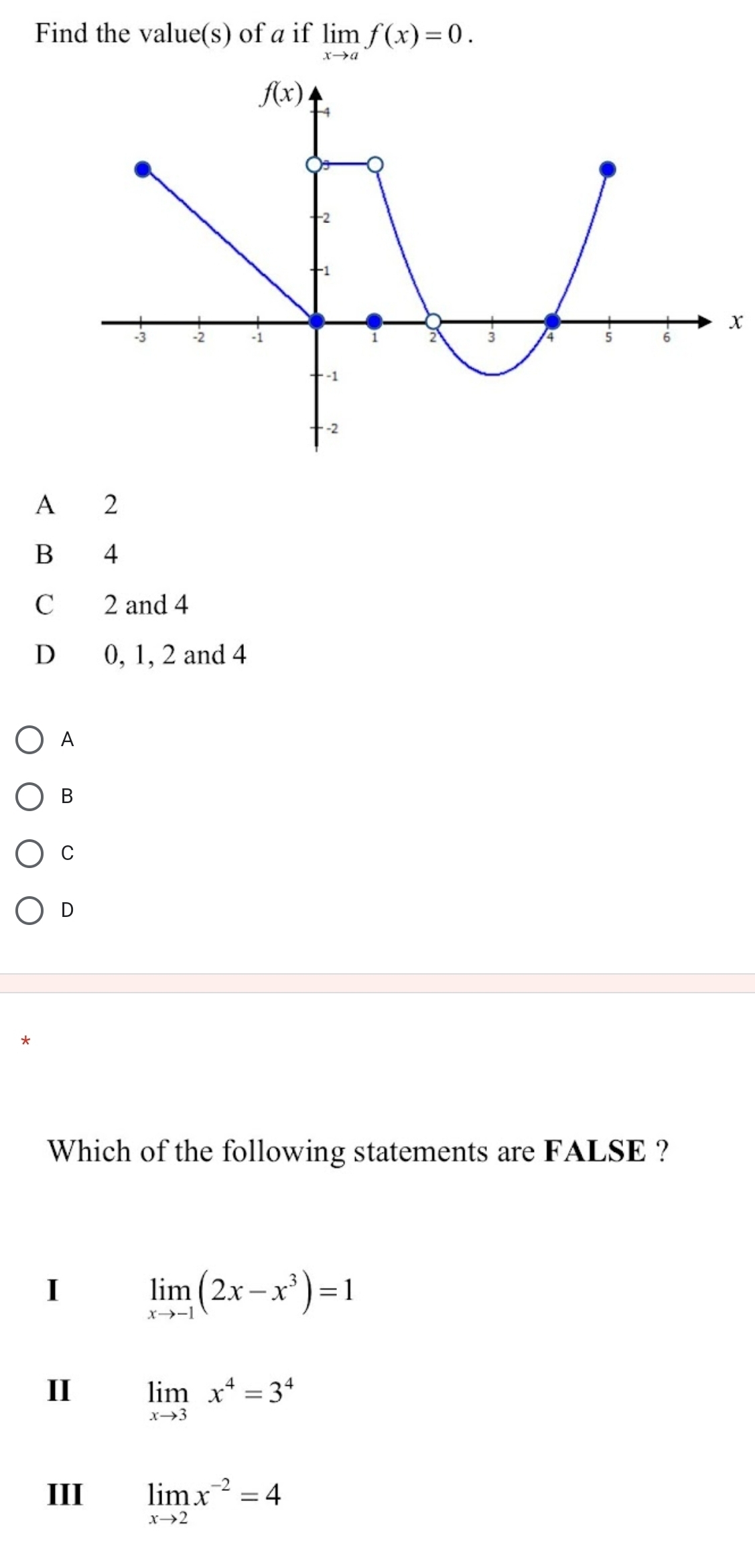 Find the value(s) of a if limlimits _xto af(x)=0.
x
A 2
B 4
C₹ 2 and 4
D 0, 1, 2 and 4
A
B
C
D
Which of the following statements are FALSE ?
I limlimits _xto -1(2x-x^3)=1
II limlimits _xto 3x^4=3^4
III limlimits _xto 2x^(-2)=4