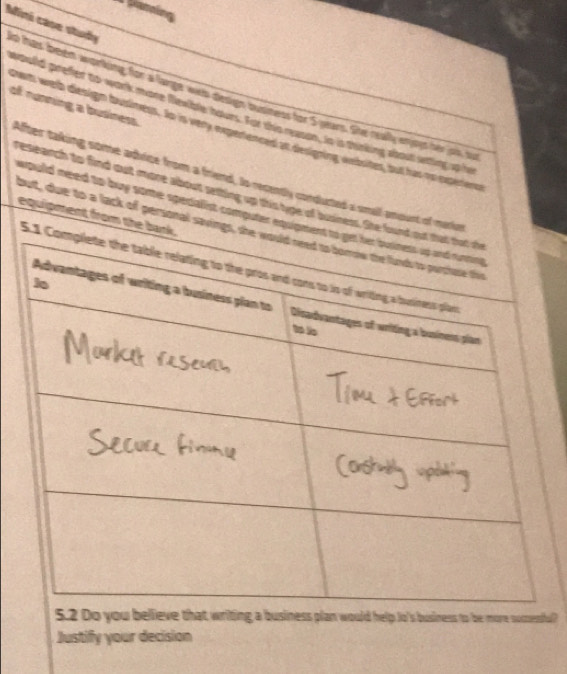 Mini case stuổy to has been working for a large wih design business for S years. She really sot her on su of nunning a business. 
would prefer to work more Newble hours. For this reason, Io is thinking about setting uphe 
tarts welb diesign business. So is very experenced at designing wbsites, but has no exteriers 
After taking some adice from a friend, to recently conducted a small anourt of marier 
reseanch to find out more about setting up this type of business. She fo 
would need to buy some specialist computer equipm 
equipment from the ba 
but, due to a lack of personal savings, 
5. 
uld help Io's business to be more socesful? 
Justify your decision
