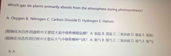 Which gas do plants primarily absorb from the atmosphere during photosynthesis?
A. Oxygen B. Nitrogen C. Carbon Dioxide D. Hydrogen E. Helium
(? A. B. C. D. E. )
(? A. B. C. D. E. )
A A