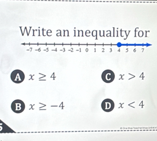 Write an inequality for
a x≥ 4 C x>4
B x≥ -4 D x<4</tex>