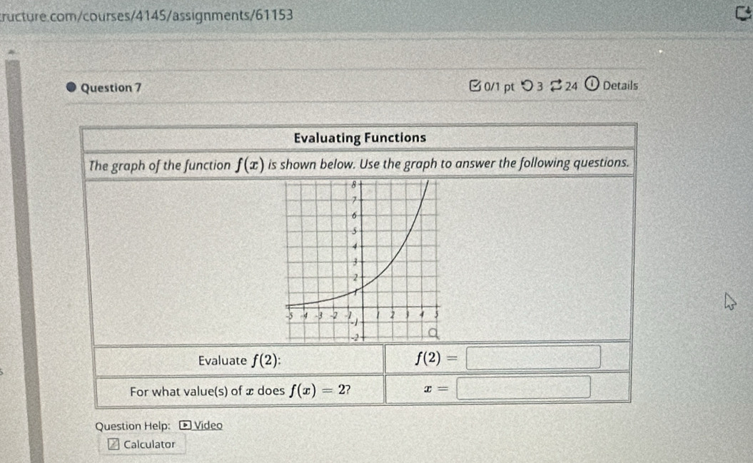 つ3 24 0 Details 
Evaluating Functions 
The graph of the function f(x) is shown below. Use the graph to answer the following questions. 
Evaluate f(2) :
f(2)=□
For what value(s) of x does f(x)=2 x=□
Question Help: Video 
Calculator