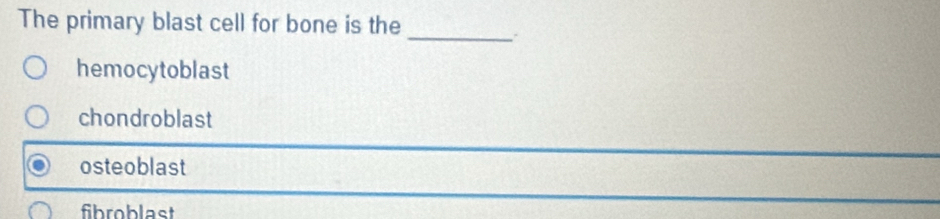 The primary blast cell for bone is the
_`
hemocytoblast
chondroblast
osteoblast
_
fibroblast
_