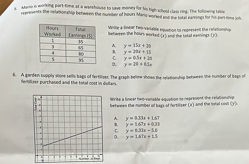 Mario is working part-time at a warehouse to save money for his high school class ring. The following table
represents the relationship between the number of hours Mario worked and the total earnings for his part-time job.
Write a linear two-variable equation to represent the relationship
between the hours worked (x) and the total earnings (y).
A. y=15x+20
B. y=20x+15
C. y=0.5x+20
D. y=20+0.5x
6. A garden supply store sells bags of fertilizer. The graph below shows the relationship between the number of bags of
fertilizer purchased and the total cost in dollars.
Write a linear two-variable equation to represent the relationship
between the number of bags of fertilizer (x) and the total cost (y).
A. y=0.33x+1.67
B. y=1.67x+0.33
C. y=0.33x-5.0
D. y=1.67x+1.5
-1