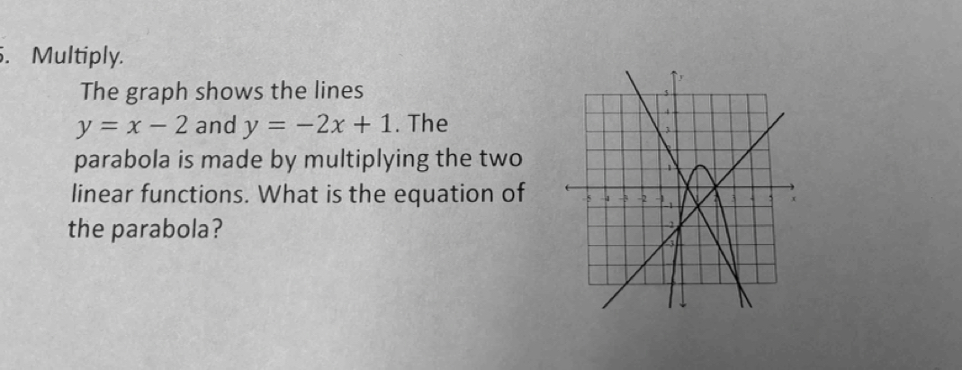 Multiply.
The graph shows the lines
y=x-2 and y=-2x+1. The
parabola is made by multiplying the two
linear functions. What is the equation of
the parabola?