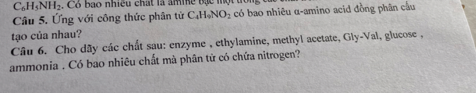 C_6H_5NH_2. Có bao nhiều chất là amme bạc một tổi 
Câu 5. Ứng với công thức phân tử C_4H_9NO_2 có bao nhiêu α-amino acid đồng phân cấu 
tạo của nhau? 
Câu 6. Cho dãy các chất sau: enzyme , ethylamine, methyl acetate, Gly-Val, glucose , 
ammonia . Có bao nhiêu chất mà phân tử có chứa nitrogen?