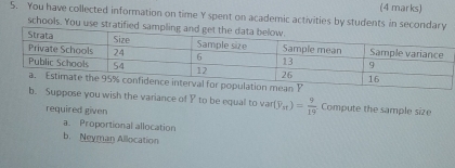 You have collected information on time Y spent on academic activities by students in secondary 
schools. You use stratified s 
b. Suppose you wish the variance of Y to be equal to var(y_M)= 9/19  Compute the sample size 
required given 
a. Proportional allocation 
b. Neyman Allocation