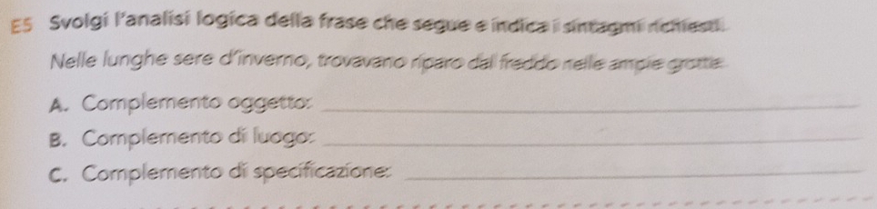 E5 Svolgi l'analisi logica della frase che segue e índica i sintagmi nchesti 
Nelle lunghe sere d'inverno, trovavano ríparo dall freddo nelle ampie grotte 
A. Complemento oggetto:_ 
B. Complemento di luago:_ 
C. Complemento di specificazione:_