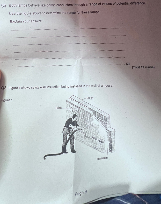 Both lamps behave like ohmic conductors through a range of values of potential difference. 
Use the figure above to determine the range for these lamps. 
Explain your answer. 
_ 
_ 
_ 
_ 
_ 
_(3) 
(Total 12 marks) 
Q8. Figure 1 shows cavity wall insulation being installed in the wall of a house. 
Figure 1 
Page 9