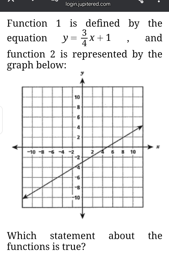 login.jupitered.com 
Function 1 is defined by the 
equation y= 3/4 x+1 , and 
function 2 is represented by the 
graph below: 
Which statement about the 
functions is true?