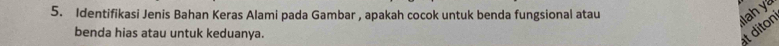 Identifikasi Jenis Bahan Keras Alami pada Gambar , apakah cocok untuk benda fungsional atau 
ah y 
benda hias atau untuk keduanya. 
at diton