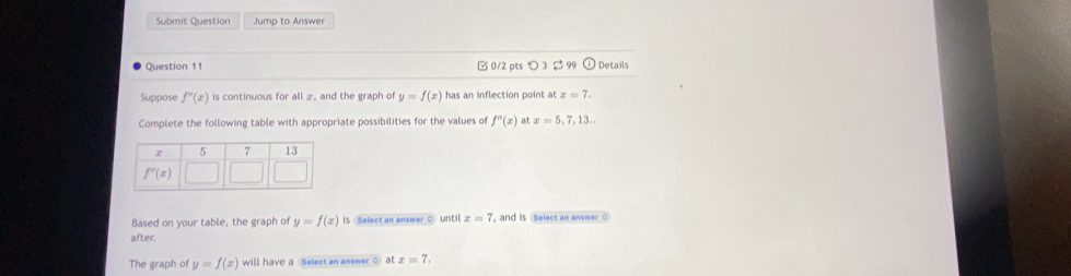 Submit Question Jump to Answer
Question 11 B 0/2 pts つ 3 $ 99 Details
Suppose f''(x) is continuous for all æ, and the graph of y=f(x) has an inflection point at x=7.
Complete the following table with appropriate possibilities for the values of f''(x) at x=5,7,13...
Based on your table, the graph of y=f(x) is 《Select an answer ○ until x=7 , and is Select an answer ○
after.
The graph of y=f(x) will have a Select an answer ○ at x=7.