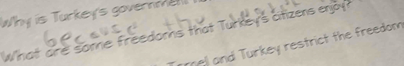 Why is Turkey's governmen 
What are some freedoms that Turkey's citizens enjoy 
el and Turkey restrict the freedom