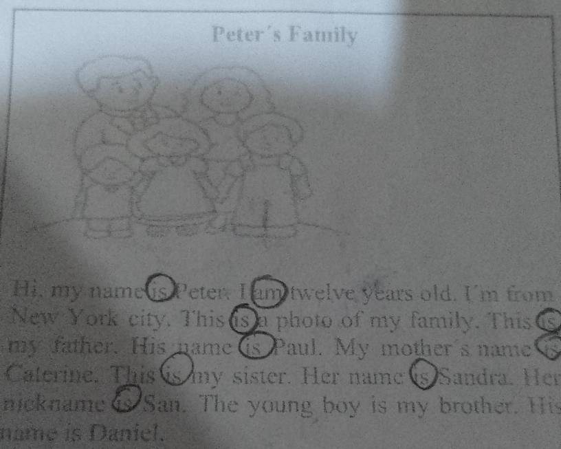 Peter´s Family 
Hi, my name is Peter. I am twelve years old. I'm from 
New York city. This is a photo of my family. This us 
my father. His name is Paul. My mother's name is 
Caterine. This is my sister. Her name is Sandra. Her 
nickname is San. The young boy is my brother. His 
name is Daniel.