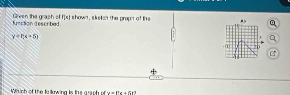 Given the graph of f(x) shown, sketch the graph of the 
function described.
y
19
y=f(x+5)
0 10
10
Which of the following is the graph of v=f(x+5)